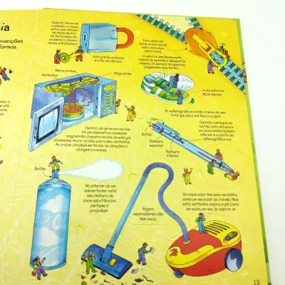 Ilustração de página de livro com desenhos explicativos de cadeado, micro-ondas, sapatilha, esferográfica, ambientador e aspirador.
