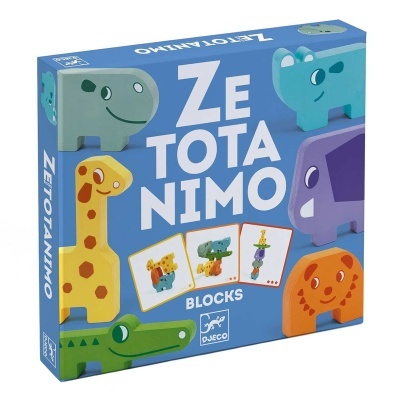 Caixa de jogo de blocos coloridos com desenho de animais