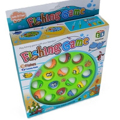 Jogo Fishing Game em embalagem com peixes coloridos e canas de pesca