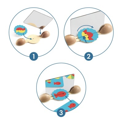 Instruções para usar brinquedo educativo de madeira com peças coloridas e ilustrações de peixes