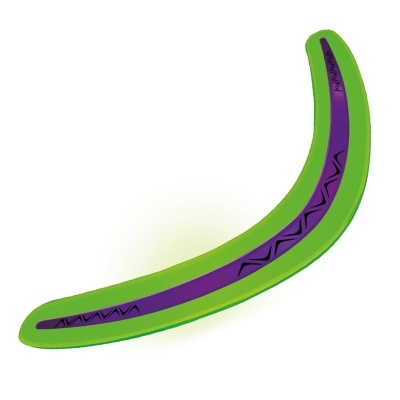 Brinquedo bumerangue curvado verde e roxo com padrões pretos