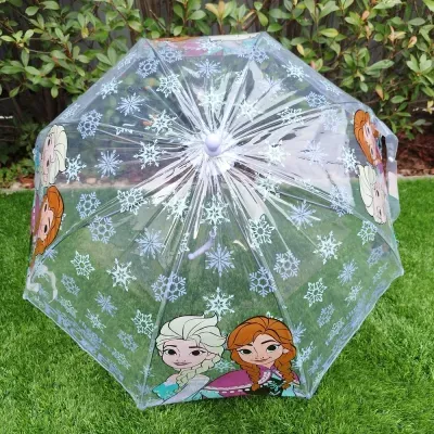 Guarda-chuva transparente com desenhos de Elsa e Anna e flocos de neve