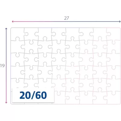 Puzzle branco com contornos das peças em cinza e rosa, medidas 27 x 19, texto 20/60