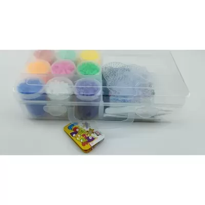 Caixa transparente com recipientes de contas plásticas coloridas e base de contas
