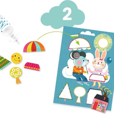 Jogo de montagem infantil com peças de papel coloridas e cola