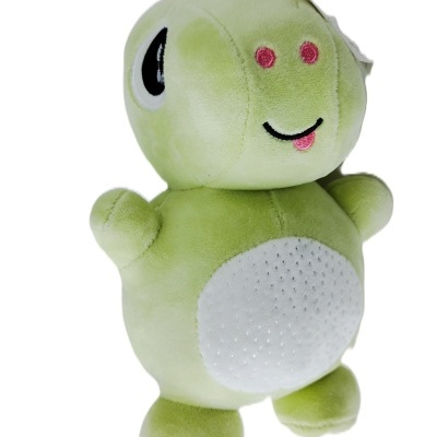 Pelúcia de dinossauro verde com barriga branca texturizada