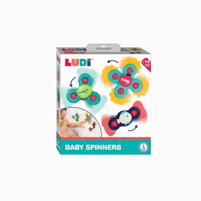 Caixa de brinquedos com três spinners para bebés da marca LUDI em fundo branco