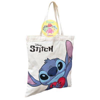 Saco de tecido bege com estampa Stitch a cores e texto Disney Stitch