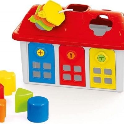 Brinquedo colorido de casa infantil com formas geométricas para encaixe