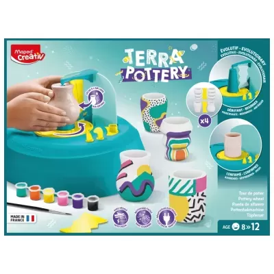 Kit de roda de cerâmica azul com vasos coloridos, tintas e pincel em embalagem Maped Creativ Terra Pottery