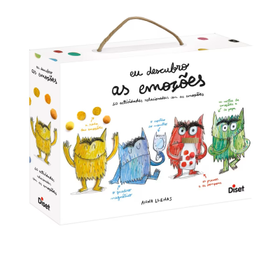 Caixa branca de jogo educacional com monstros coloridos e texto 'eu descubro as emoções'