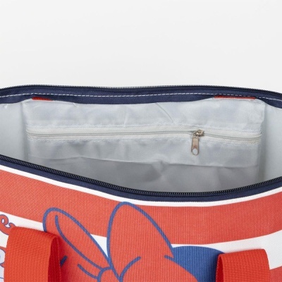 Saco estampado vermelho, branco e azul com interior branco e bolso com zíper