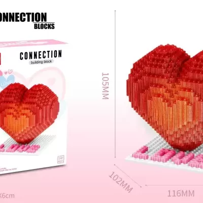 Blocos de construção em forma de coração vermelho e laranja com base branca e rosa, embalagem branca e rosa