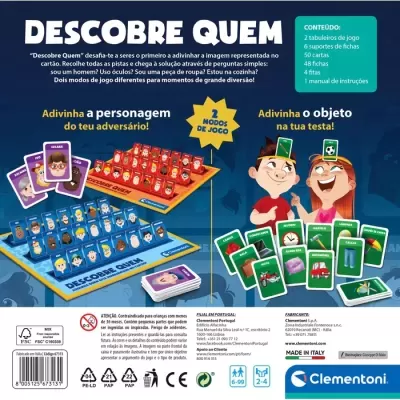 Embalagem do jogo 'DESCUBRE QUEM', com imagens dos tabuleiros e cartas coloridas