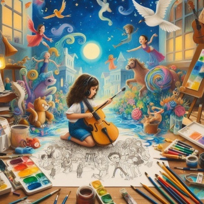 Menina tocando violoncelo rodeada por materiais de arte e desenhos coloridos