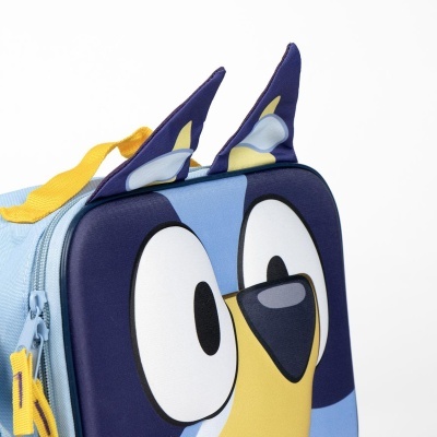 Mochila infantil azul com rosto de desenho animado e orelhas pontudas