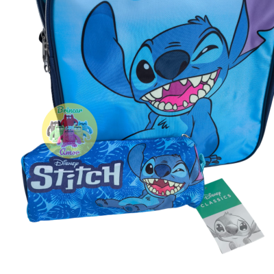 Conjunto mochila e estojo Disney Stitch azul com personagem Stitch