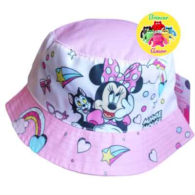 Chapéu de sol infantil rosa com padrão Minnie Mouse e estampas coloridas.