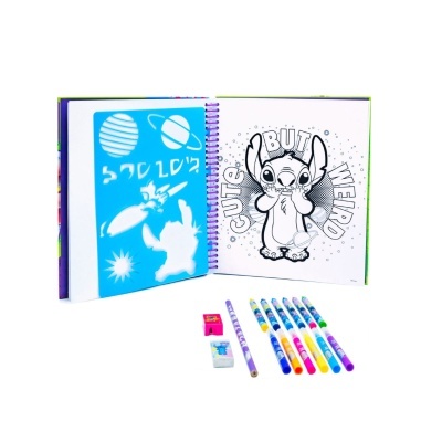 Livro de colorir com espiral roxa, personagem Stitch, stencil azul e marcadores coloridos