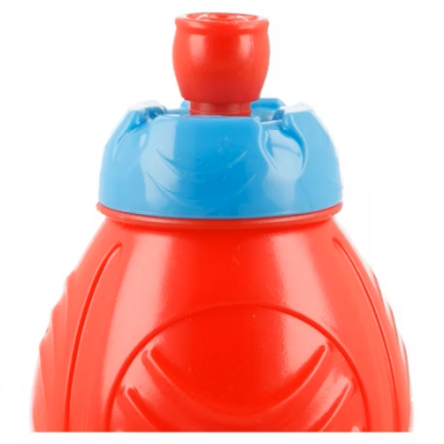 Frasco vermelho com tampa azul e bocal vermelho em fundo branco