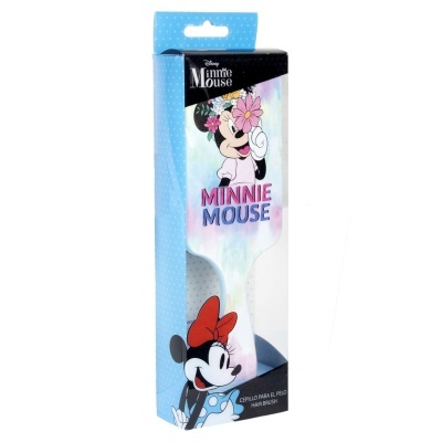 Escova de cabelo Minnie Mouse embrulhada em caixa azul com imagens da personagem.