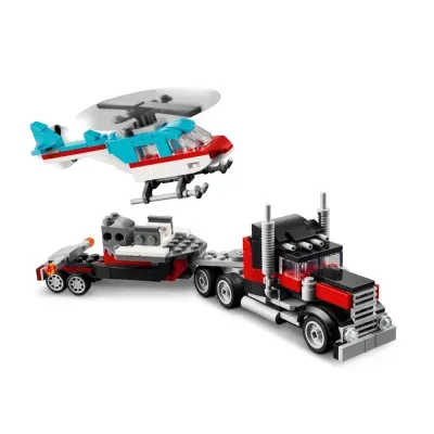 Conjunto de construção plástico de camião e helicóptero coloridos.