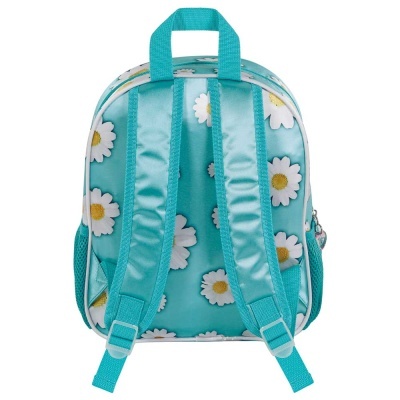 Mochila azul turquesa com padrão de flores brancas e amarelas
