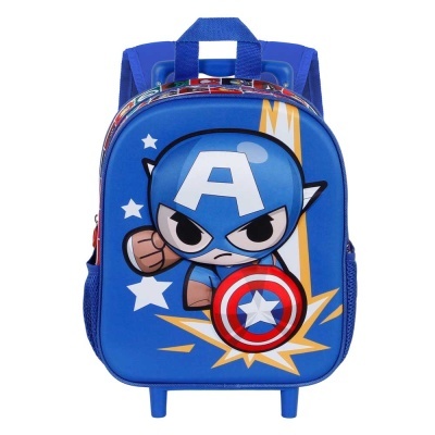 Mochila infantil azul com imagem do Capitão América em estilo cartoon