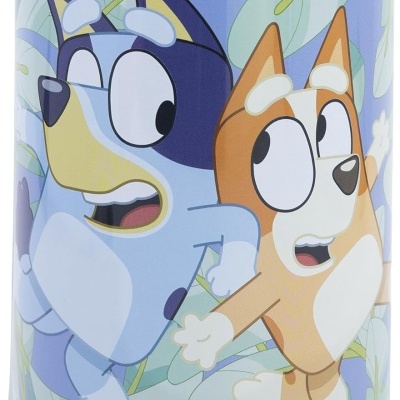 Mealheiro cilíndrico com ilustração de dois cães animados e folhas verdes num fundo azul