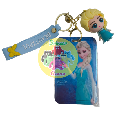 porta-chaves com miniatura da Elsa do Frozen e etiqueta azul 'BEAUTIFUL'