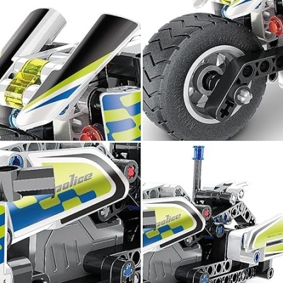 Close-ups de um brinquedo de construção tipo lego de mota polícia com peças coloridas e texto 'police'