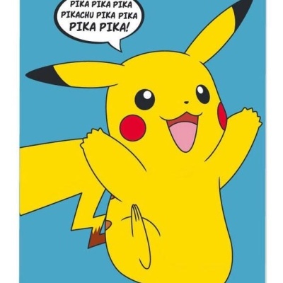 Cartaz azul com Pikachu amarelo e texto branco TEAM POKÉMON e PIKACHU