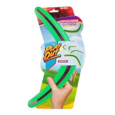 Brinquedo Play Out verde e roxo para arremesso e captura na embalagem