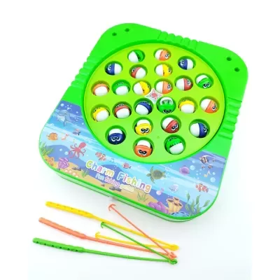 Jogo de pesca em plástico verde com peixes coloridos e varas de pesca coloridas