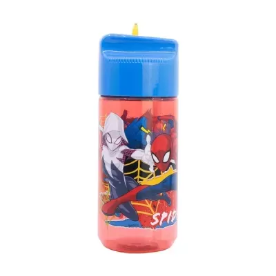 Garrafa vermelha com tampa azul e personagens do Homem-Aranha