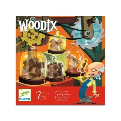 Jogo WOODIX embalagem com peças de madeira e ilustração de engenheiro