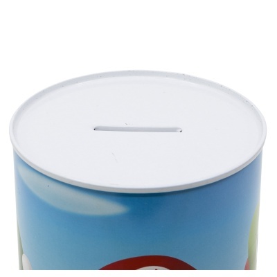 Mealheiro cilíndrico metálico azul com tampa branca e ranhura para moedas