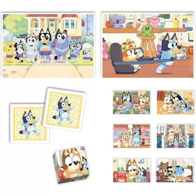 Peças de quebra-cabeça e cenas da série animada Bluey com personagens caninos coloridos