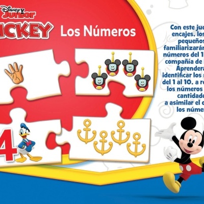 Embalagem do jogo Disney Junior Mickey Los Números com peças de encaixe e descrição em espanhol.