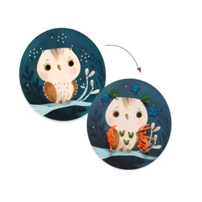 Ilustração redonda de coruja com fundo azul escuro e elementos florais, mostrando duas versões da mesma coruja.