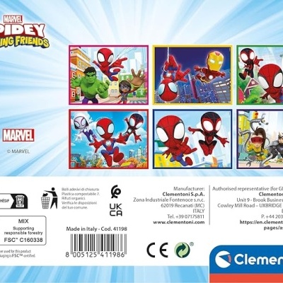 Embalagem de puzzle Clementoni Marvel Spidey and Amazing Friends com 6 puzzles 16x12 cm