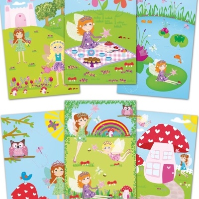 Ilustrações infantis coloridas com fadas, cogumelos, castelo e casa de cogumelo