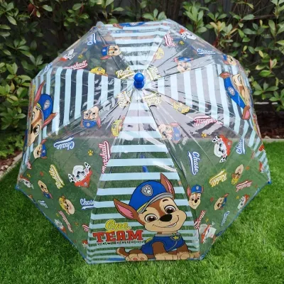 Guarda-chuva transparente com personagens do desenho Paw Patrol e texto One TEAM PAW PATROL