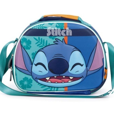 Mala azul com imagem do personagem Stitch e alça verde água