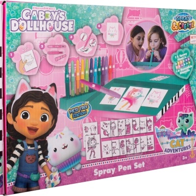 Conjunto Spray Pen Set Gabby's Dollhouse com canetas coloridas e estação de pintura rosa e verde