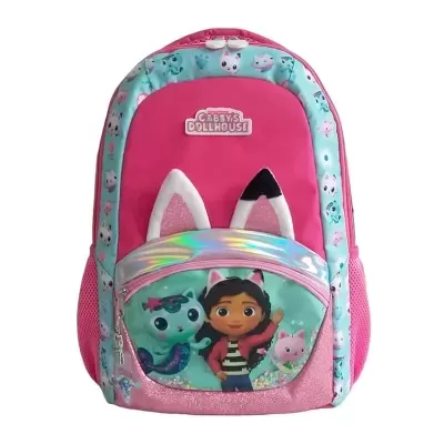 Mochila infantil rosa e azul com personagens animados e orelhas 3D