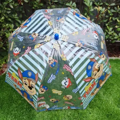 Guarda-chuva transparente com personagens da Paw Patrol e riscas brancas