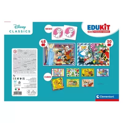 Caixa azul claro com imagens de puzzles e cubos do jogo EDUKIT 4 em 1 Disney Classics Clementoni