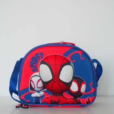 Bolsa infantil Homem-Aranha azul e vermelha com personagens e texto SPIDEY