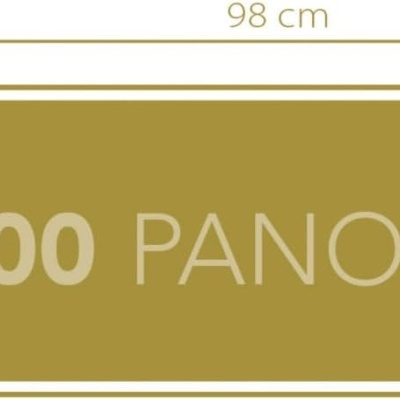 Imagem dourada com texto '1000 PANORAMA' e dimensões 98x33 cm